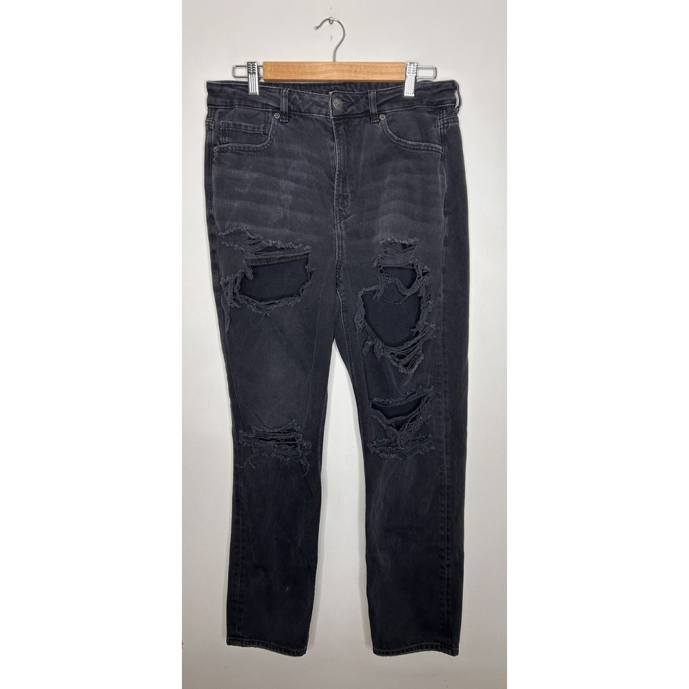 American Eagle Women's Mom Jean Regular Distressed Black Denim Stretch Size 12